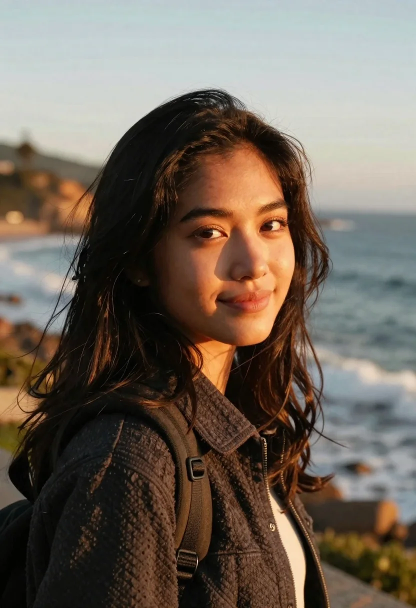 Medium-format Photography Young Woman Looking The Camera With Warm Coastal reference photo