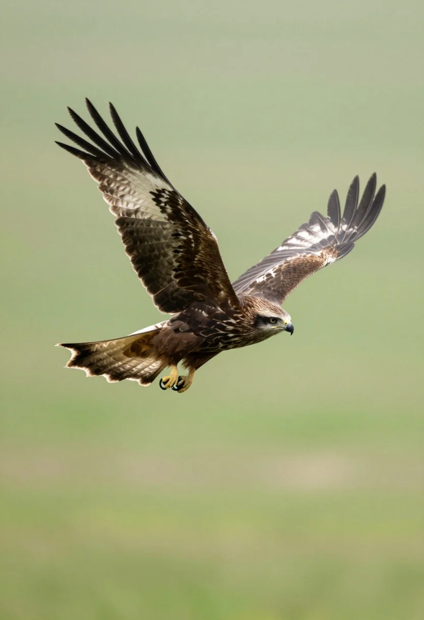 Brown And White Bird Prey Captured Mid-flight Against Soft Green
