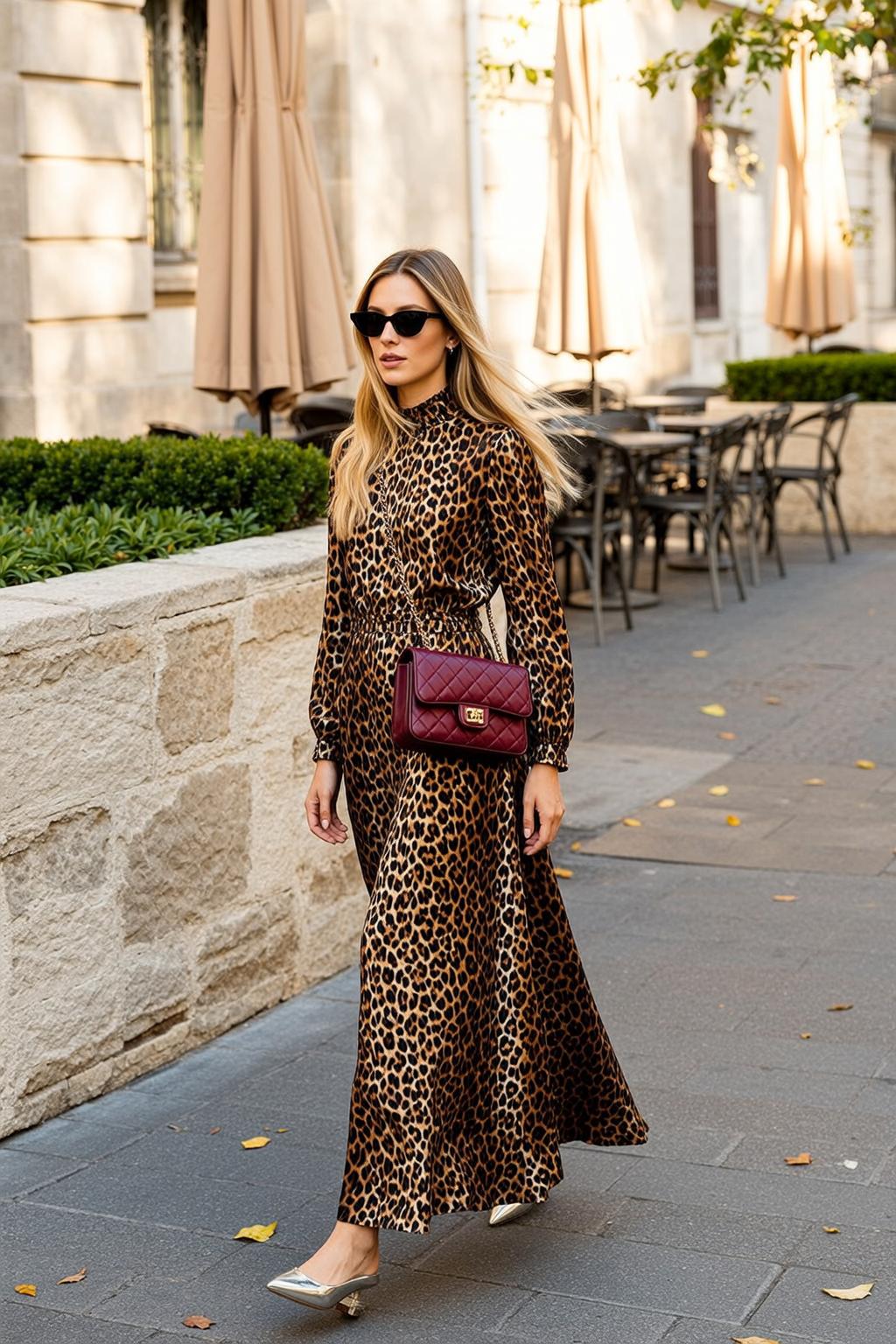 Walking Blonde Hair Maxi Dress Sidewalk Daylight