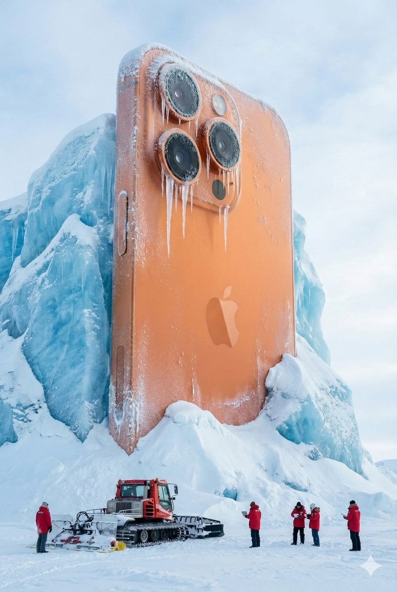 A giant Coca-Cola can monument partially encased in thick blue glacial ice and snow, with frost covering its surface and icicles hanging from the rim.