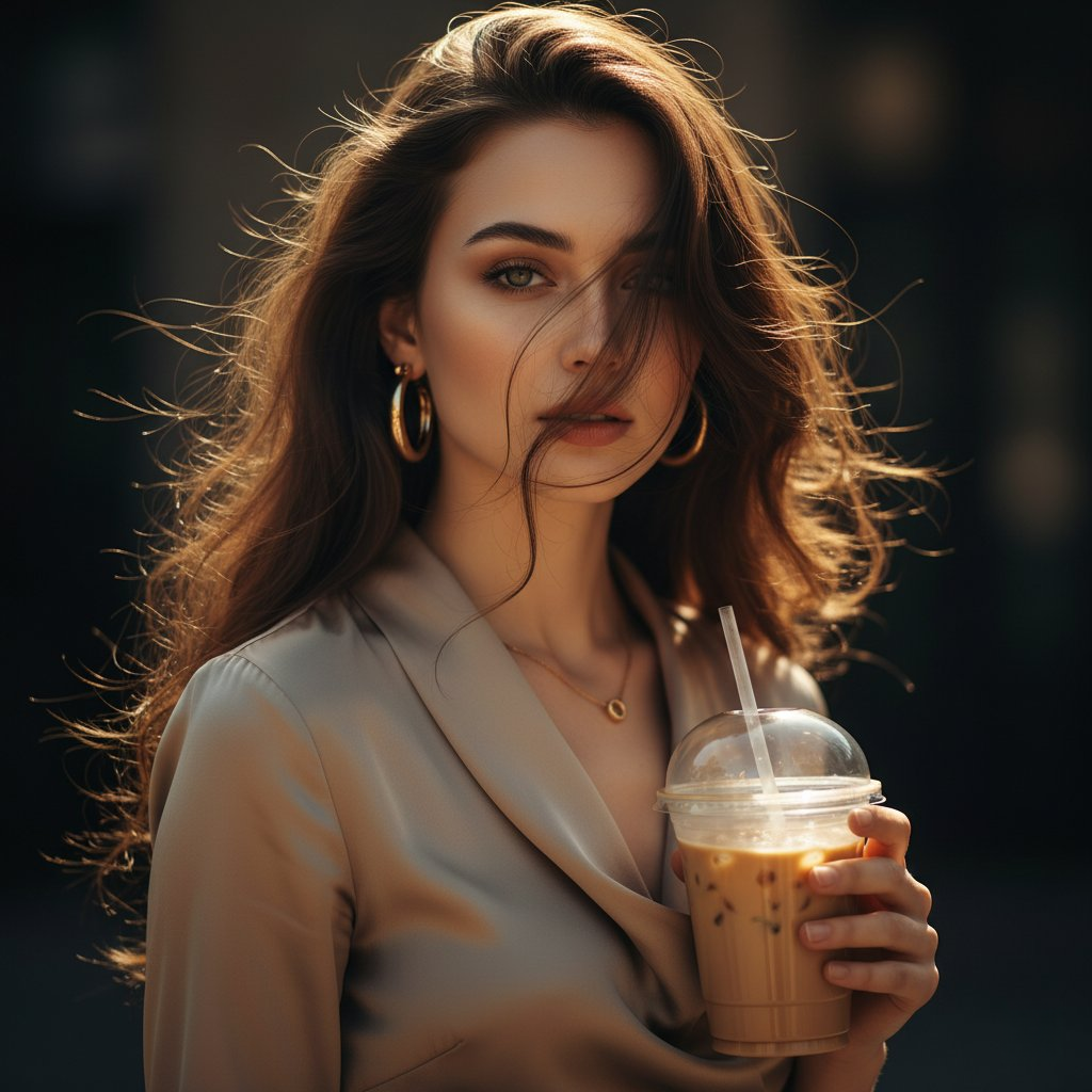 A woman with long dark hair stands holding an iced coffee in soft sunlight, wearing a silky beige blouse and golden hoop earrings.