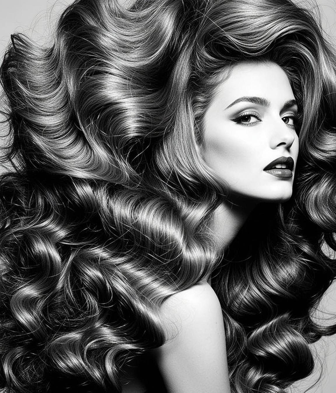 Black And White Medium Shot Portrait Young Woman With Voluminous