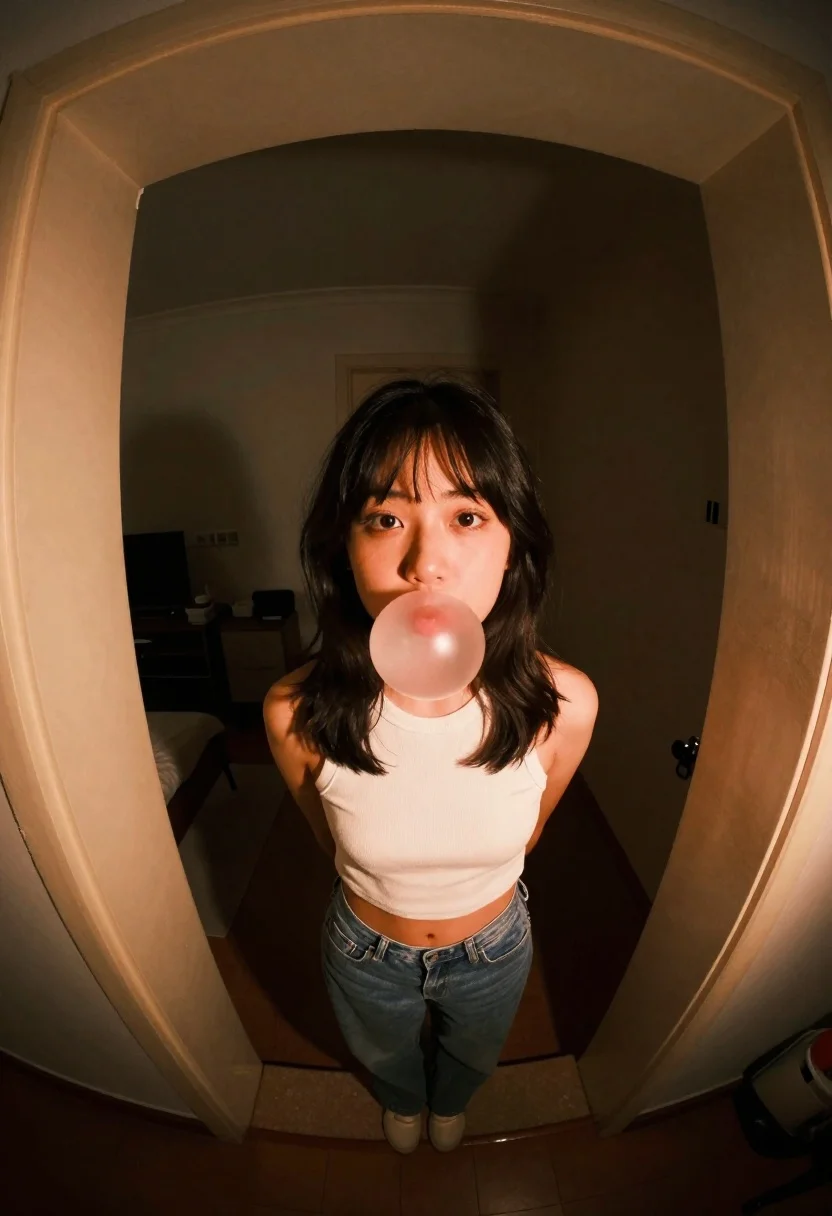 High-angle Shot Young Woman Blowing Large Pink Bubblegum Bubble Inside reference photo