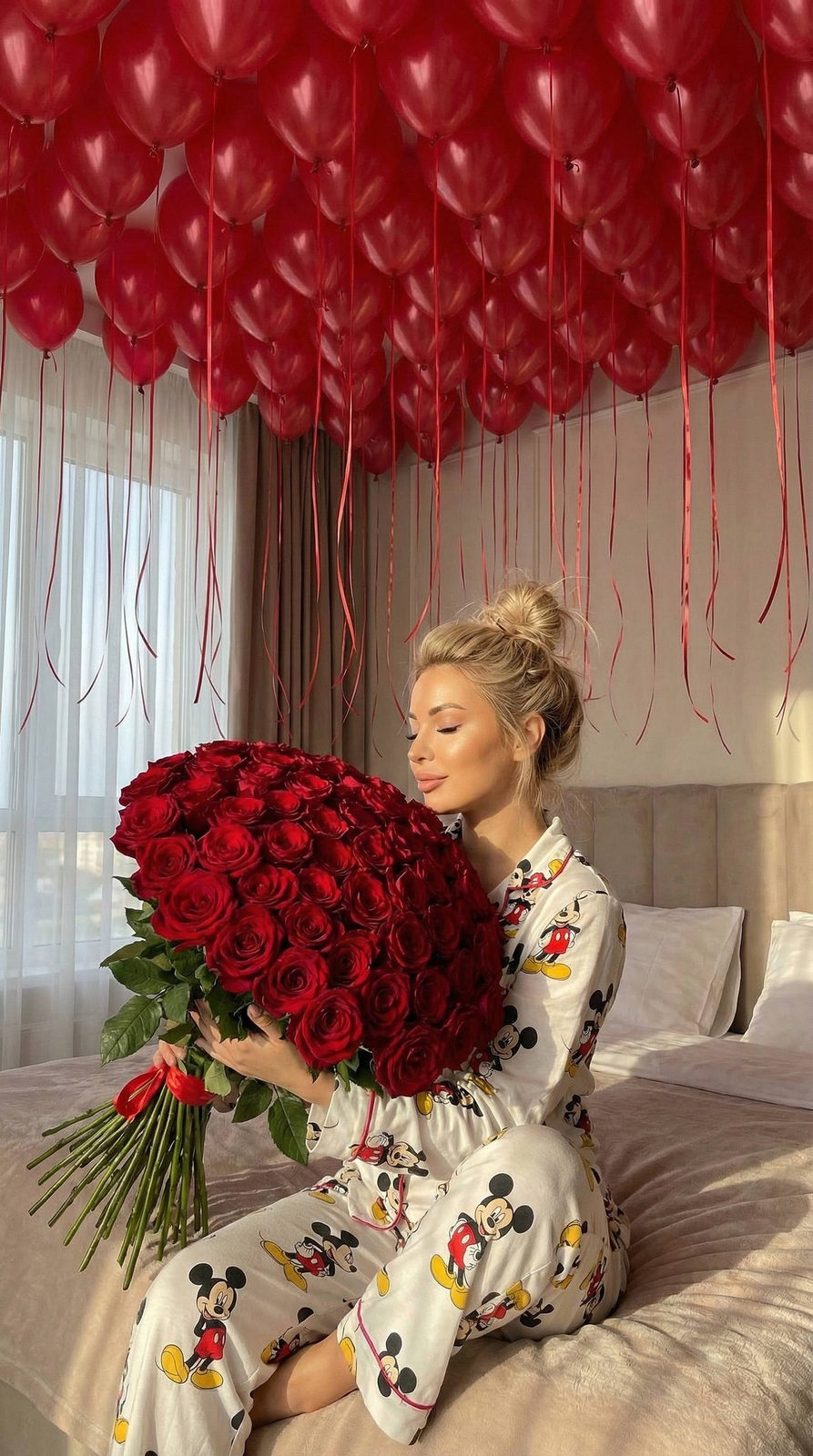 A girl in pajamas sits on a bed surrounded by red balloons, holding red roses close to her face, illuminated by soft morning light.