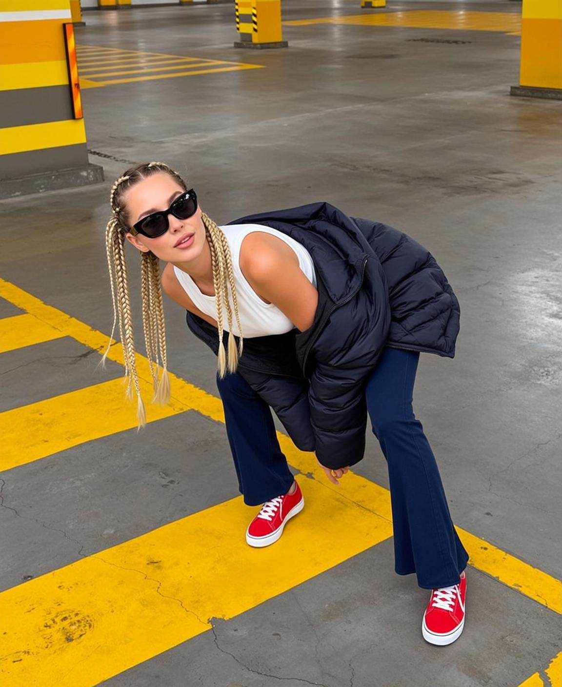 Blonde Pigtails Woman Crouching Parking Garage Candid Street Style