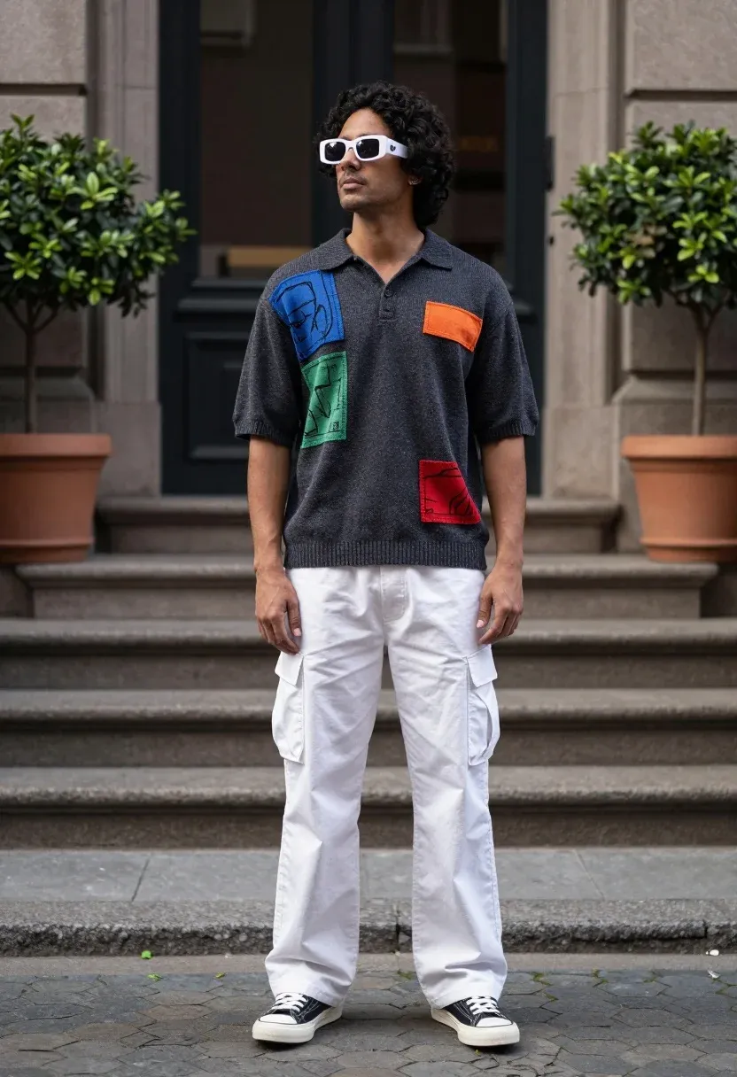 Full-body Shot Man Standing Confidently Cobblestone Path Front Building Entrance
