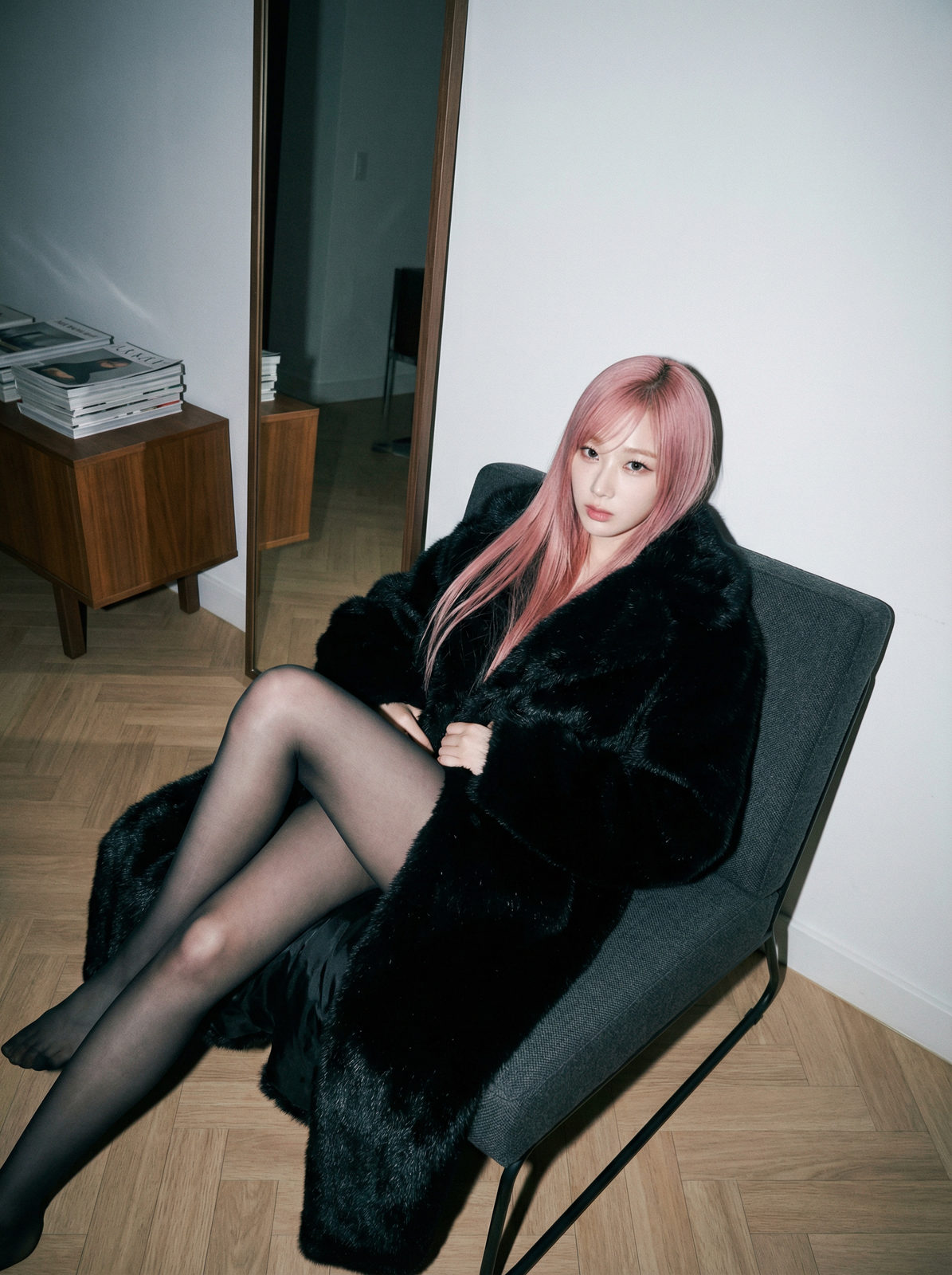 Hyper-realistic editorial portrait of a woman in a faux-fur coat lounging in a modern minimalist interior, soft lighting highlights the ambiance.