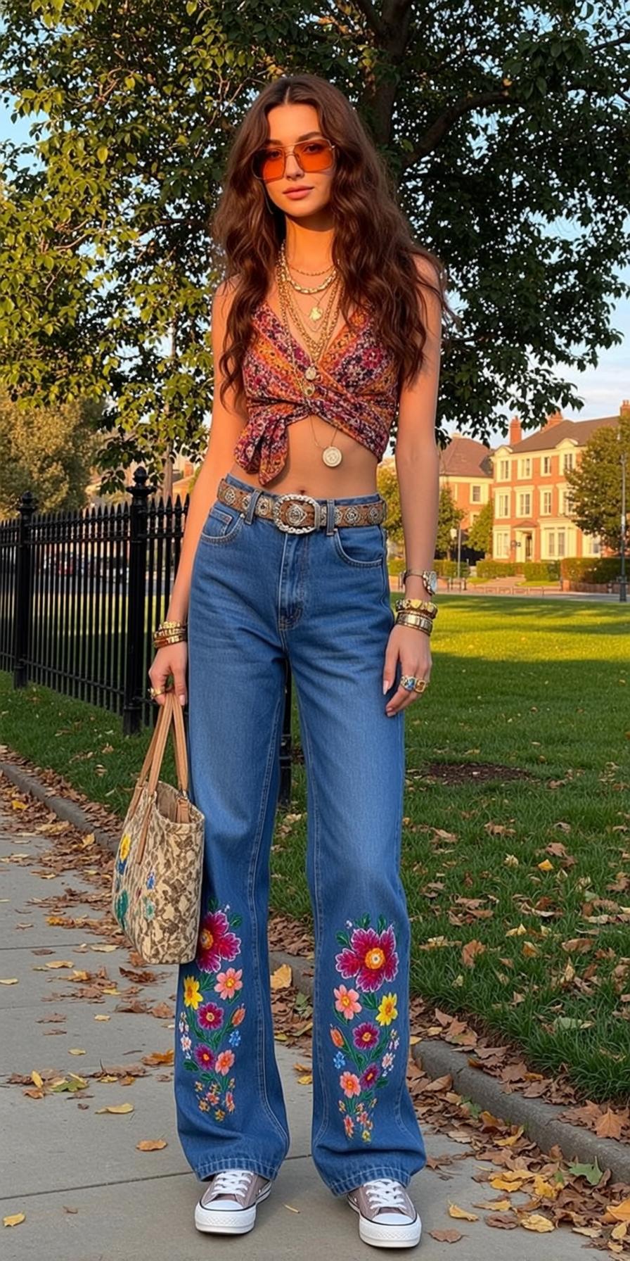 Floral Crop Top Jeans Park Paved Walkway