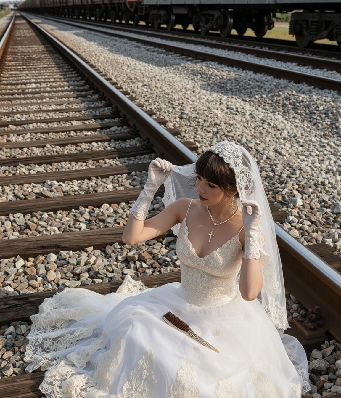 Bride On Train Tracks Thoughtful Pose