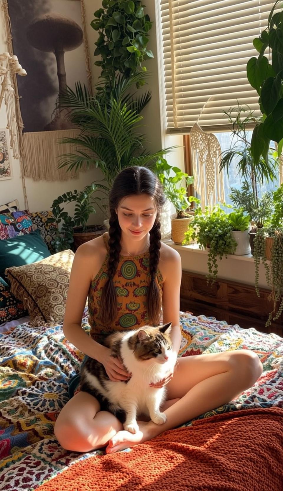 Bohemian Bedroom Cozy Cat Cuddle Natural Light