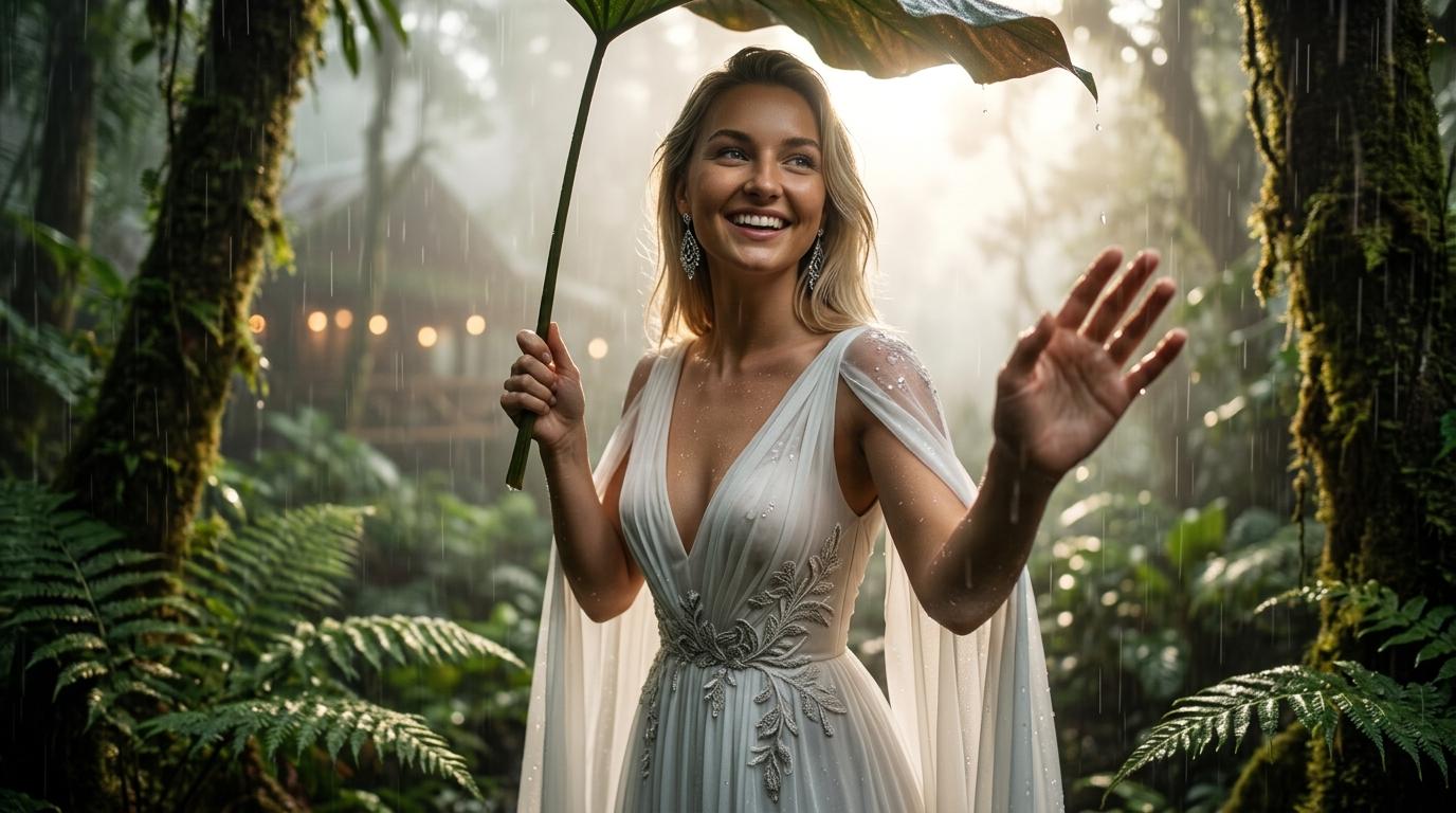 Elegant Woman White Gown Emerald Rainforest Soft Downpour