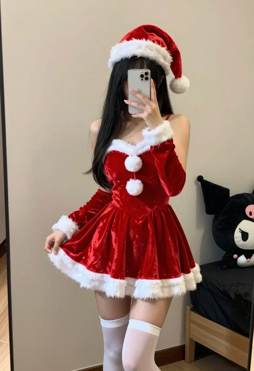 Young Woman Takes Mirror Selfie Wearing Festive Santa Costume Subject