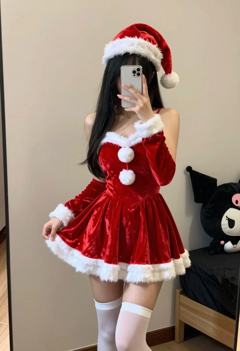 Young Woman Takes Mirror Selfie Wearing Festive Santa Costume Subject