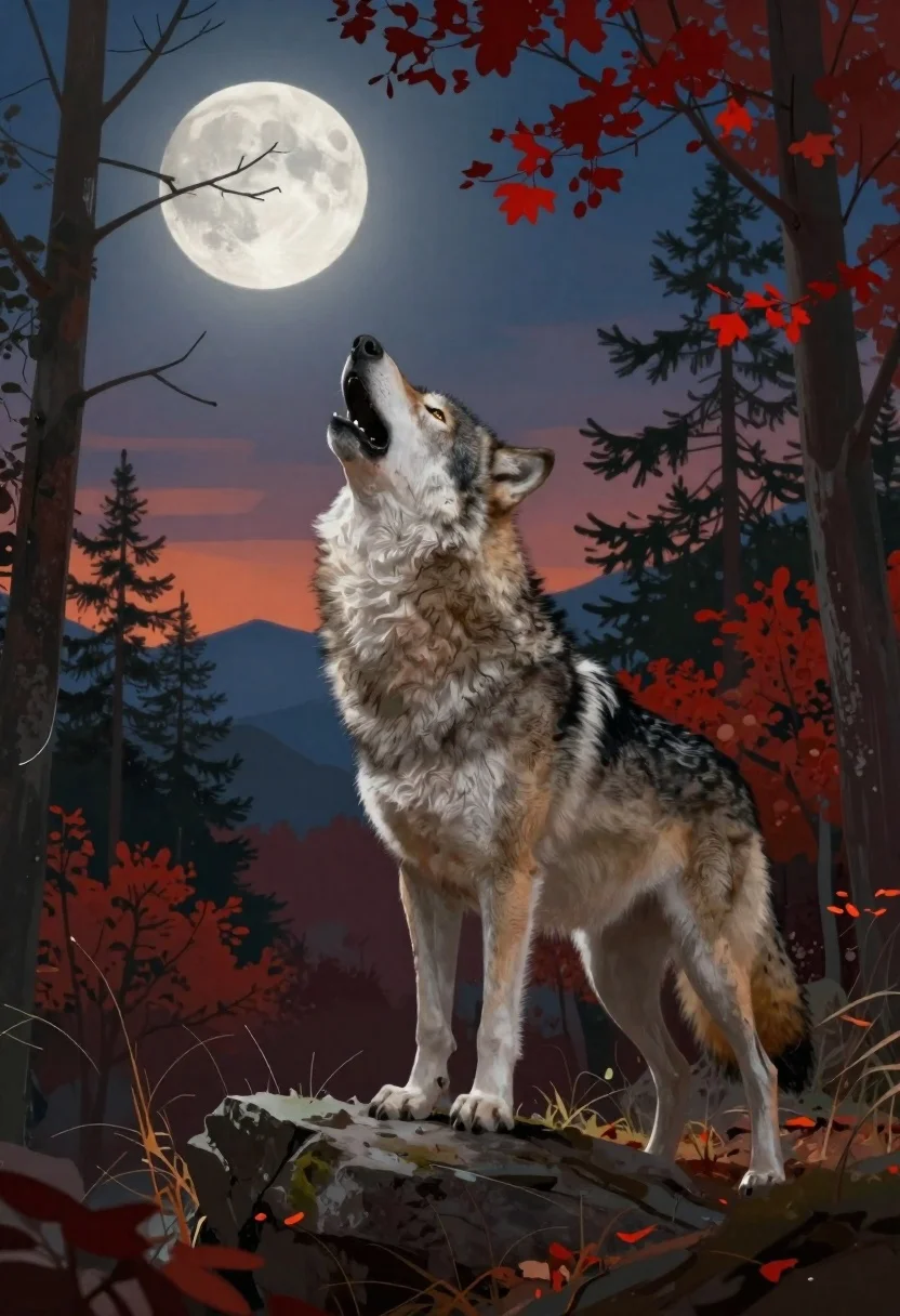 Digital Painting Majestic Wolf Howling The Moon Autumnal Forest Subject reference photo