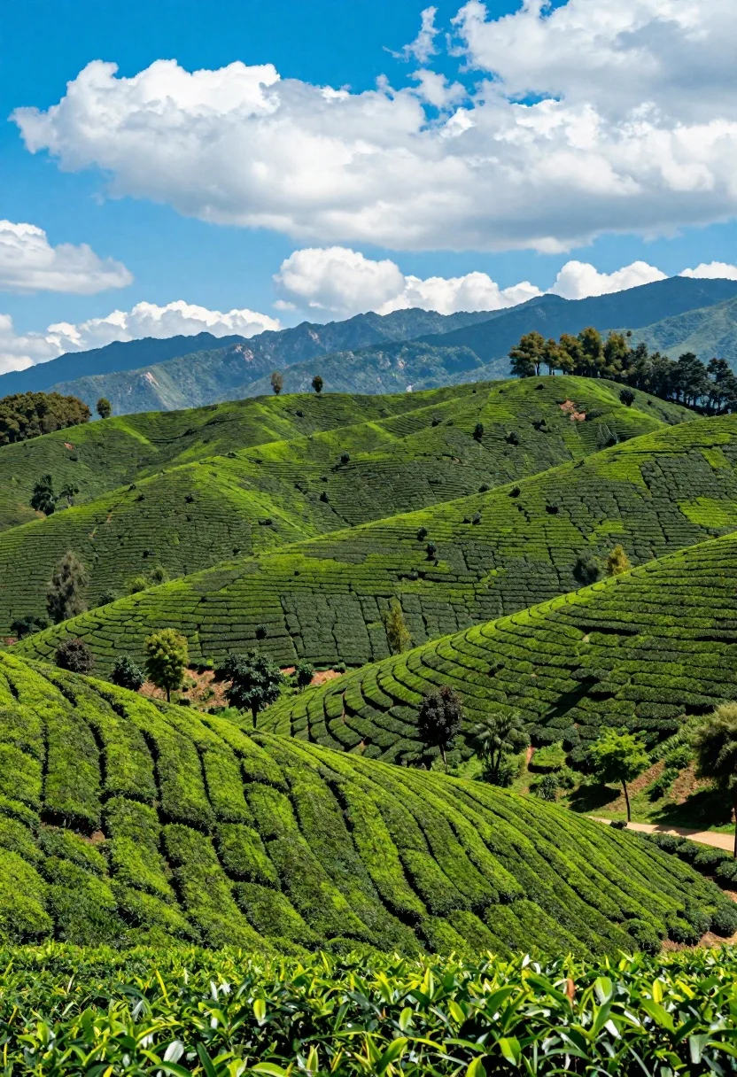 A breathtaking panoramic view of rolling hills covered with lush green tea bushes under a bright blue sky.