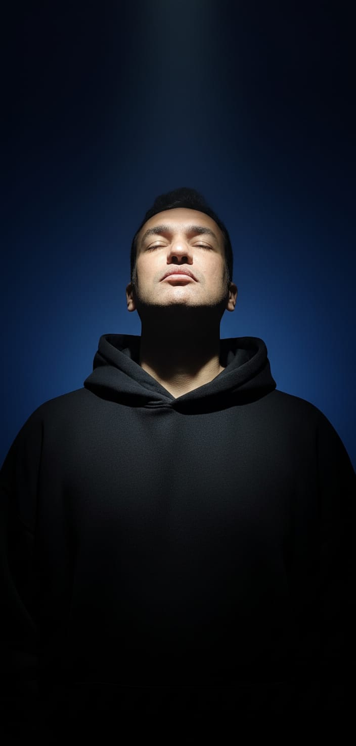 A surreal portrait of a person in an oversized black hoodie, head tilted back, eyes closed, against a cinematic blue gradient backdrop.