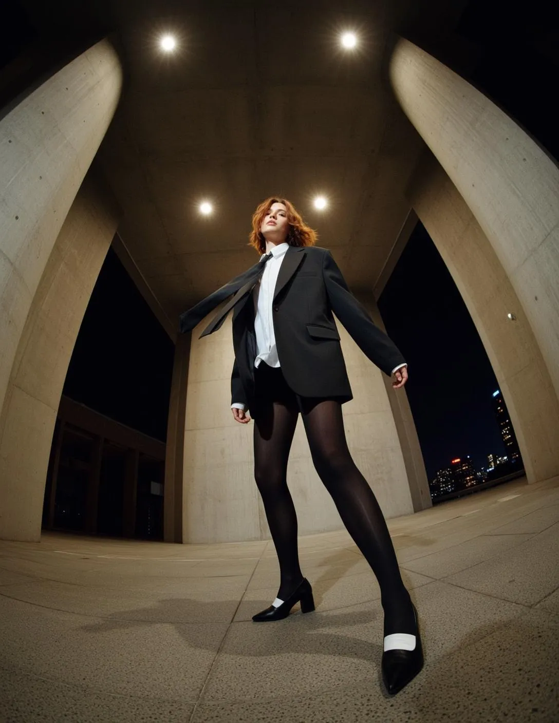 Red Hair Woman Under Concrete Night City