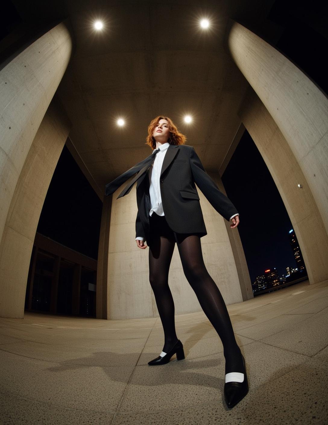 Red Hair Woman Under Concrete Night City