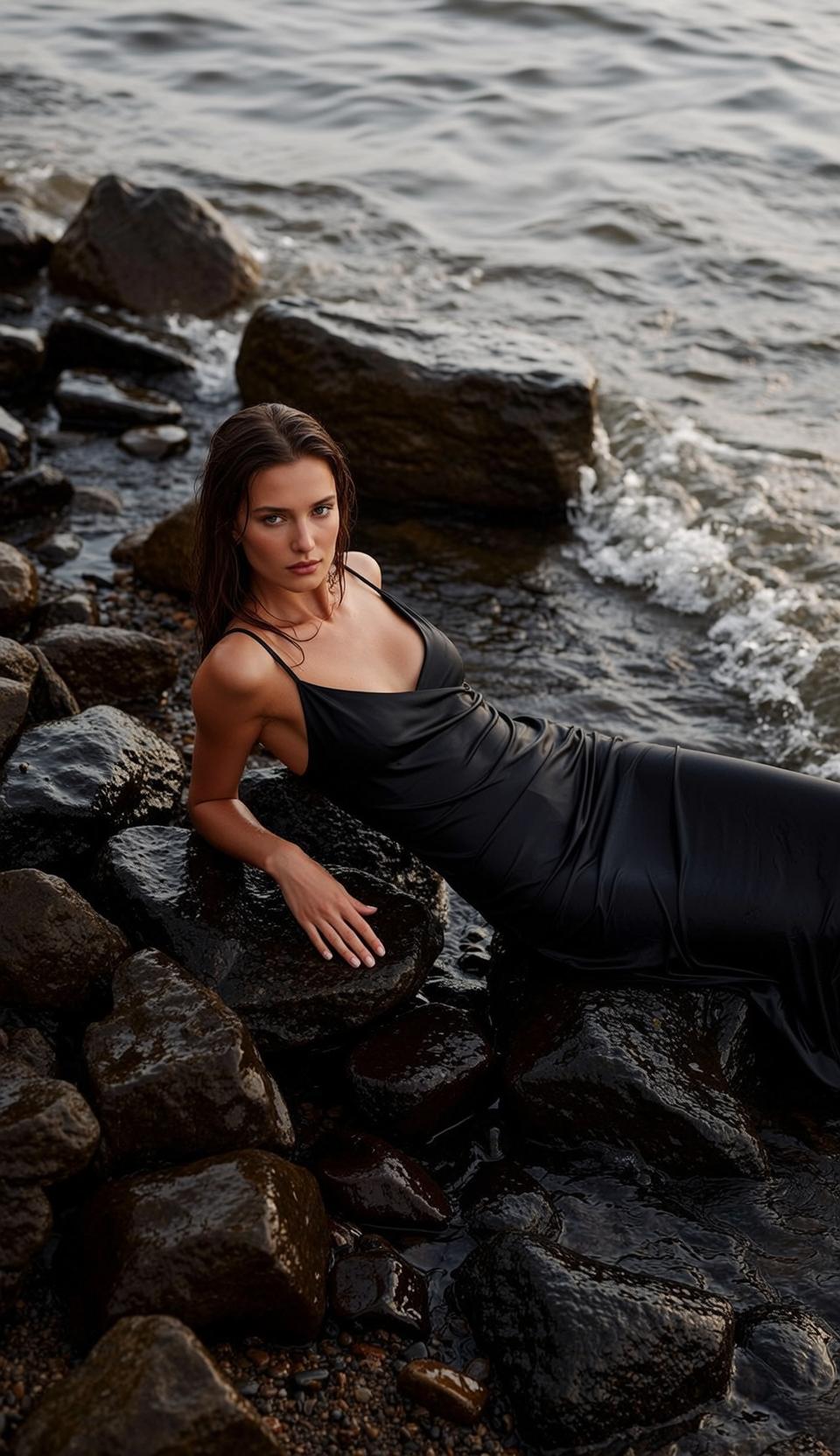 Long Black Dress Black Spaghetti Strap Rocky Shore Wet Rocks