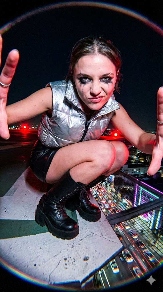 A 22-year-old woman in a metallic puffer vest squatting on a rooftop helipad, posed dynamically with a deep city bokeh background.