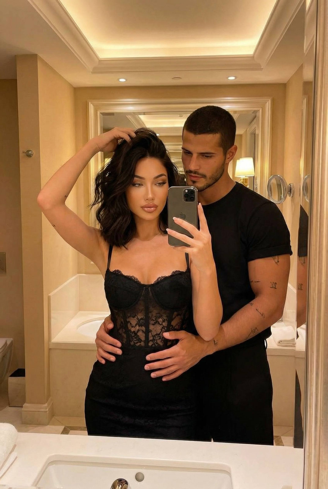 An intimate couple mirror selfie in a luxury bathroom, showcasing warm lighting and elegant decor.