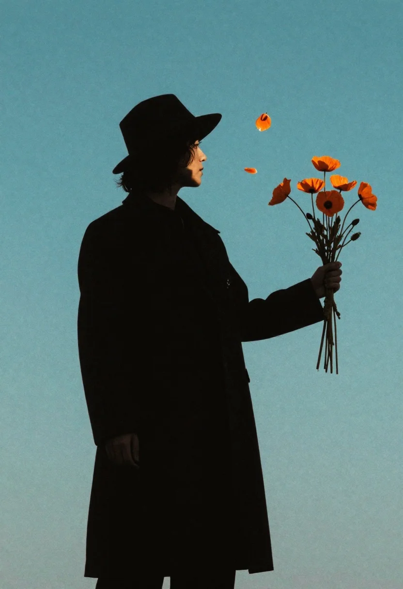 Silhouette Figure Profile Against Teal Background Holding Orange Poppies With reference photo