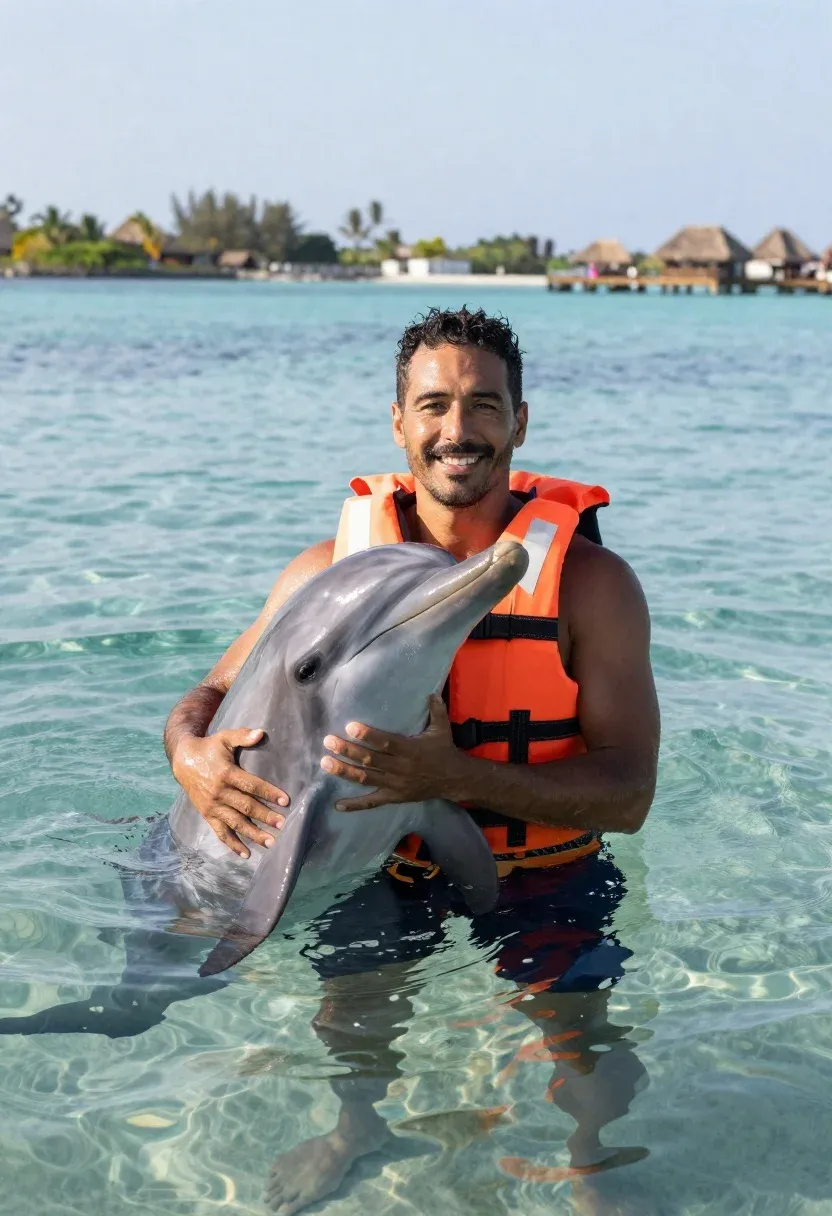 Photorealistic Portrait Smiling Man Wearing Orange Life Vest While Wading