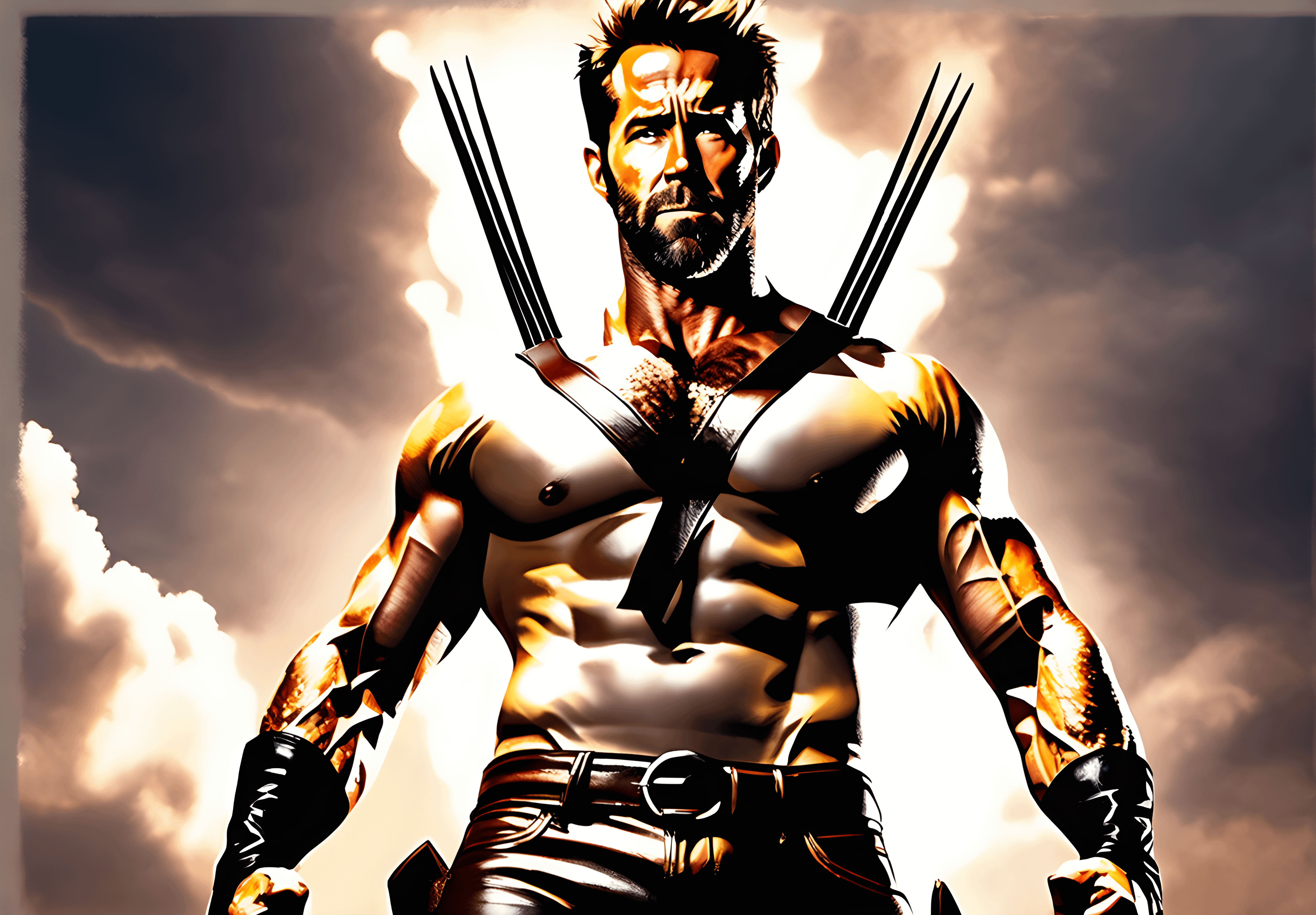Heroic Shirtless Man Leather Trousers Metallic Blades Stormy Sky