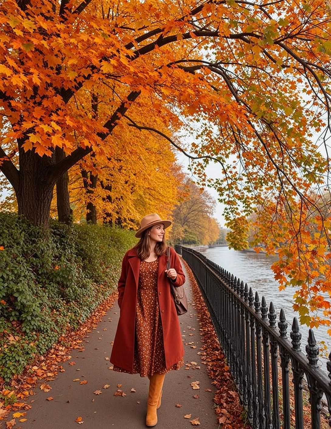 Autumn Walks Along Paved Path Lined Lush