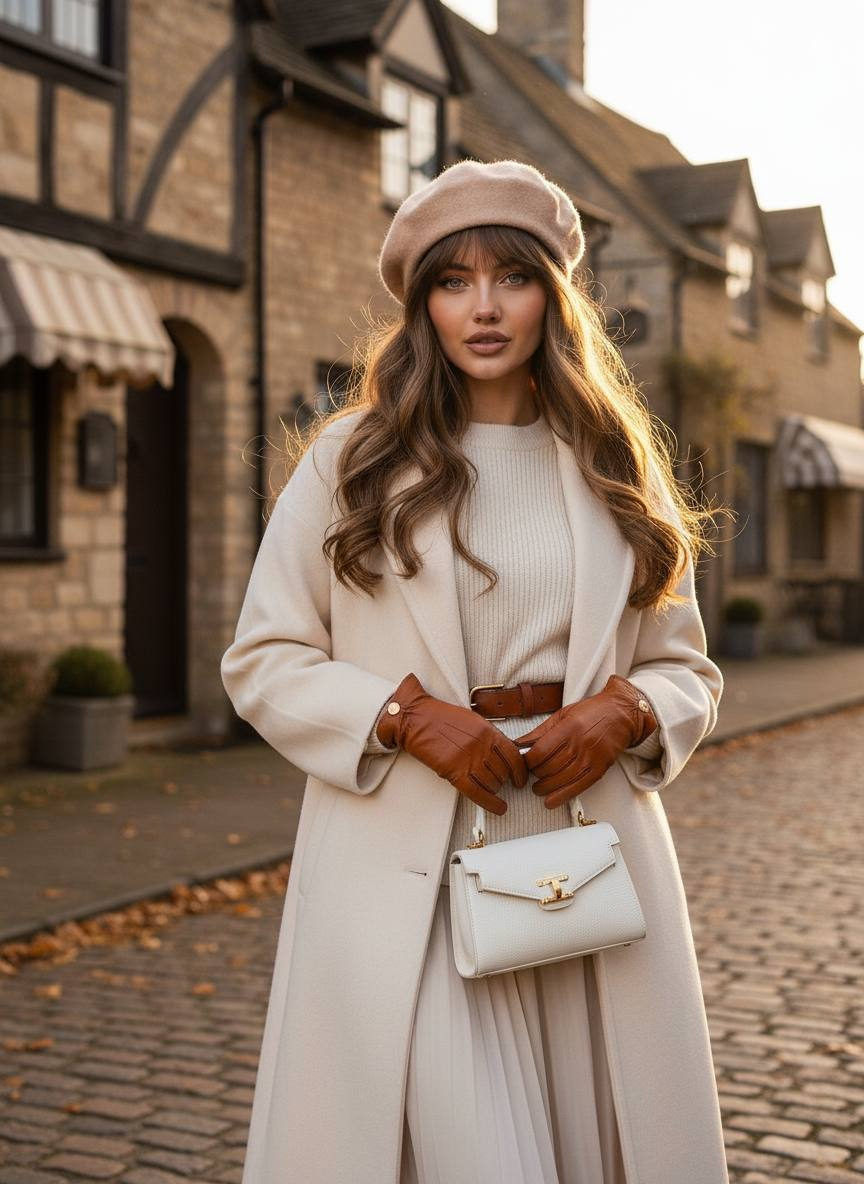 A woman in an elegant cream oversized coat standing outside during golden hour, illuminated by warm sunlight.
