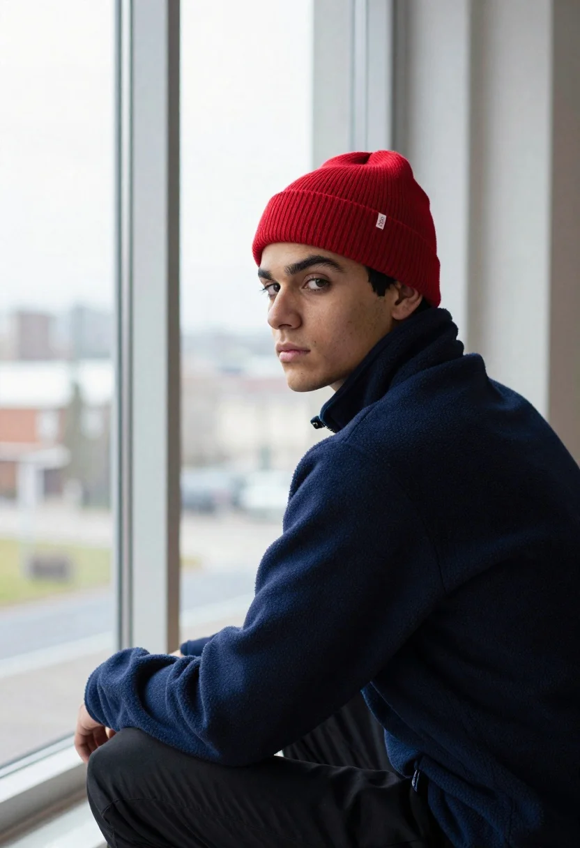 A young man sitting by a large window, looking back over his shoulder with a soft, calm expression in natural light.
