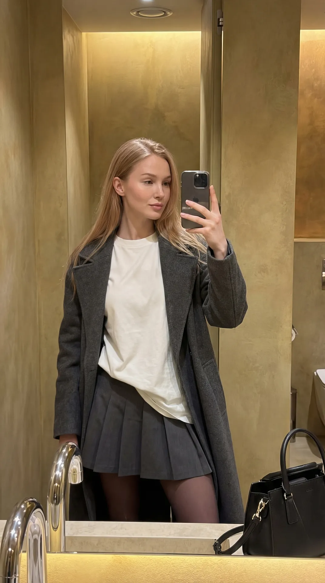 Restroom Mirror Selfie Golden Wall Chrome Faucet