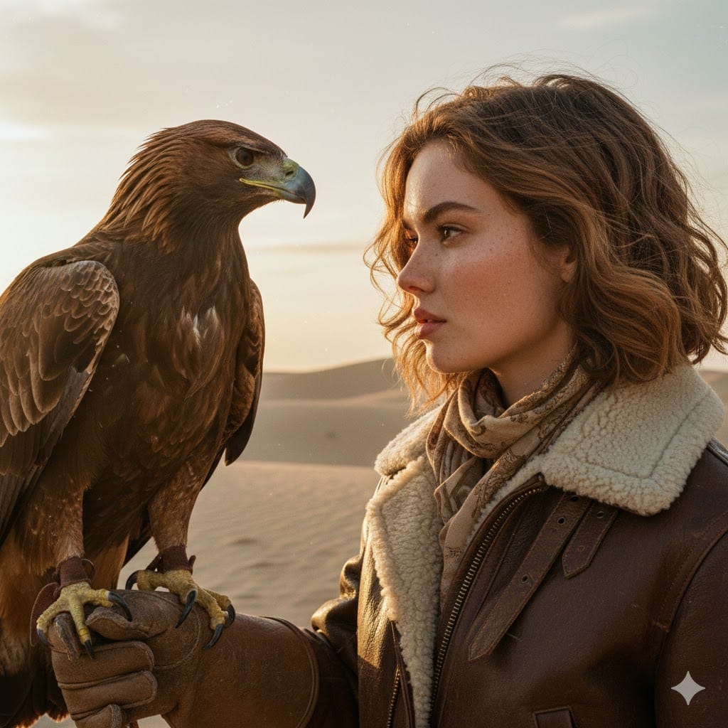 A woman in a bomber jacket stands in profile, holding a golden eagle on her arm against a backdrop of sand dunes at sunset.