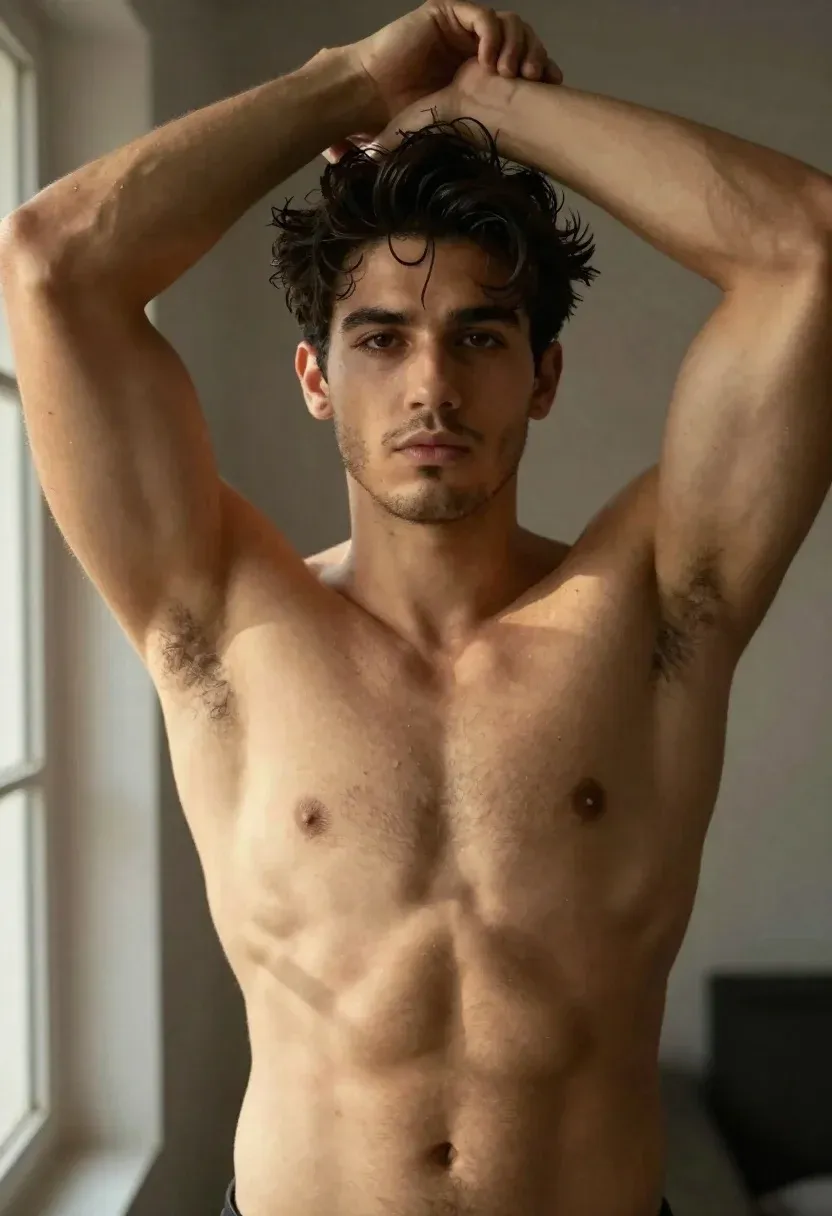 Photorealistic Medium Shot Muscular Young Man With Dark Tousled Hair
