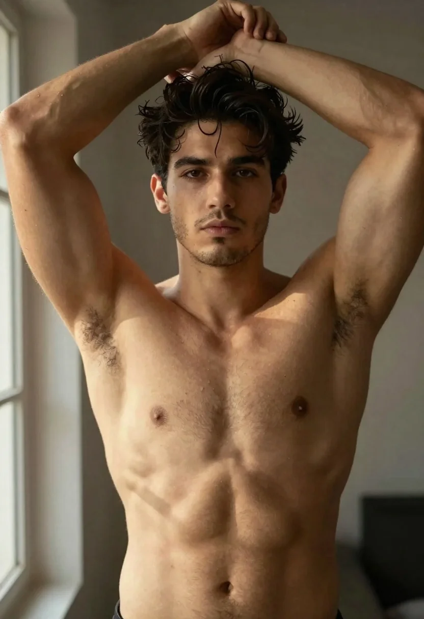 Photorealistic Medium Shot Muscular Young Man With Dark Tousled Hair reference photo