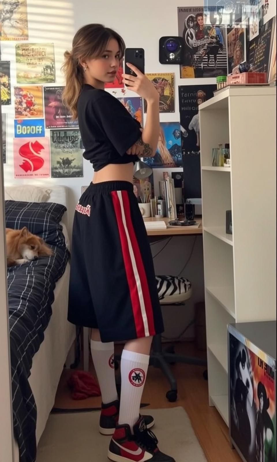 Bedroom Girl Black Shorts Phone Smirk