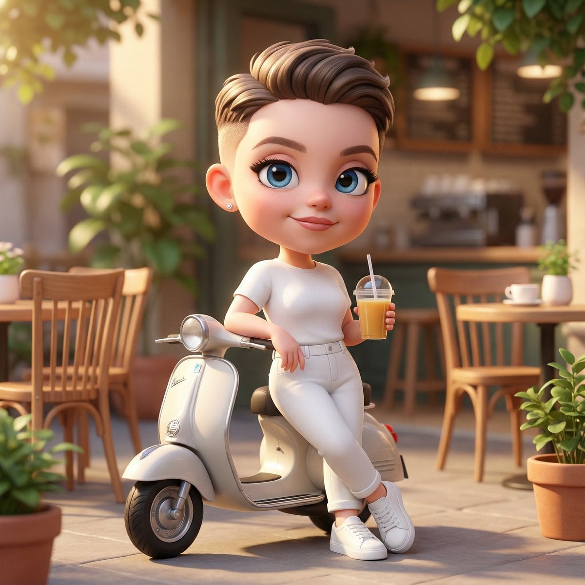 3D chibi character in a cozy cafe courtyard holding a juice cup, wearing a monochrome outfit