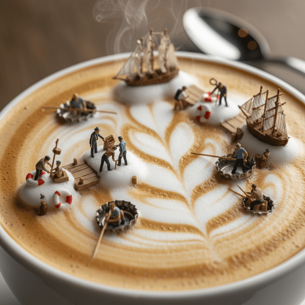 Latte Art Diorama With Sailing Ships And Figurines