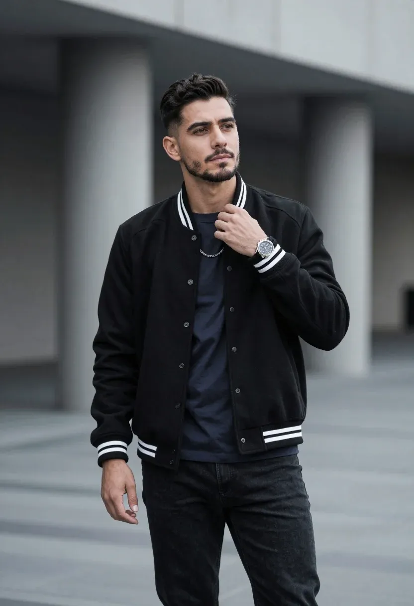 Man Stands Modern Urban Setting Wearing Black Varsity Jacket Over