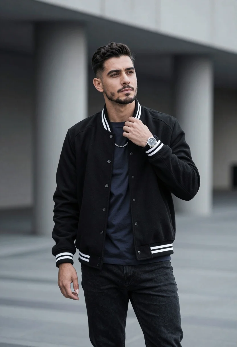 Man Stands Modern Urban Setting Wearing Black Varsity Jacket Over