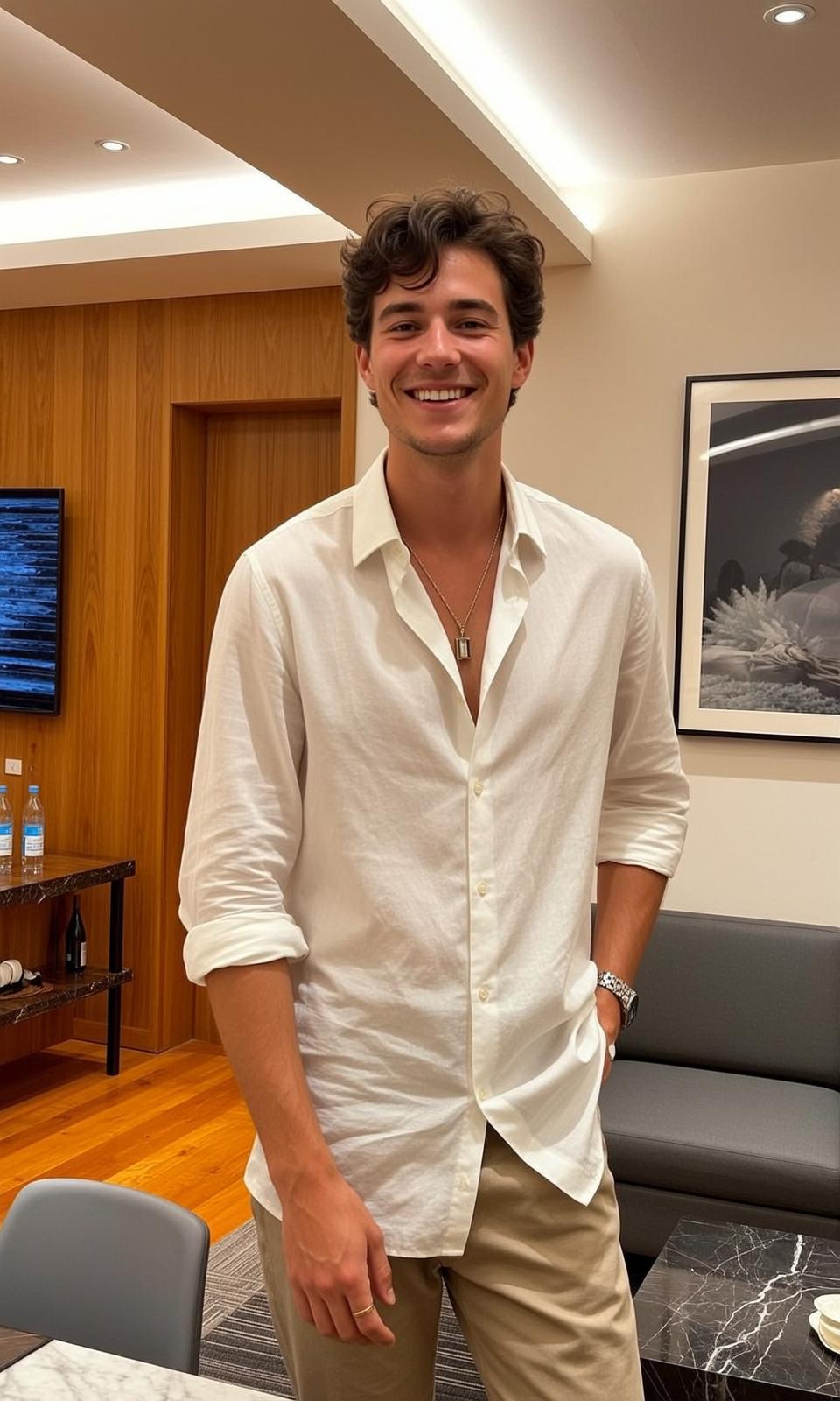 World Stands Facing Broad Genuine Smile Slight