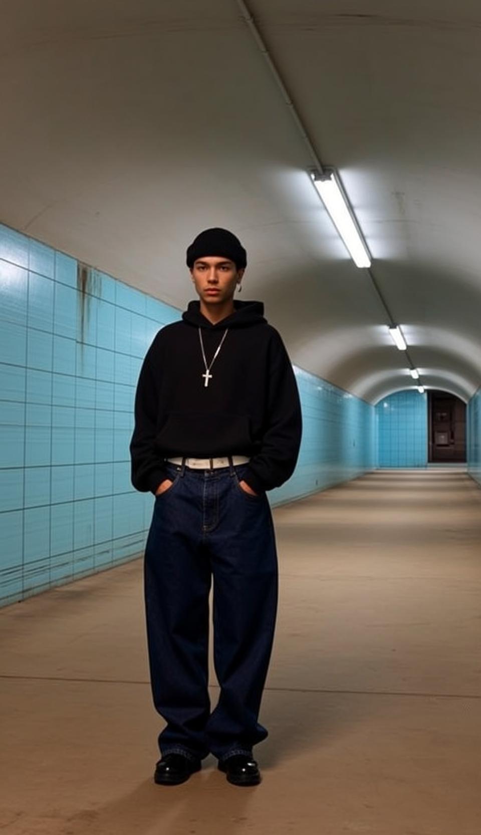 Tunnel Young Man Black Hoodie Silver Cross Pendant Cinematic