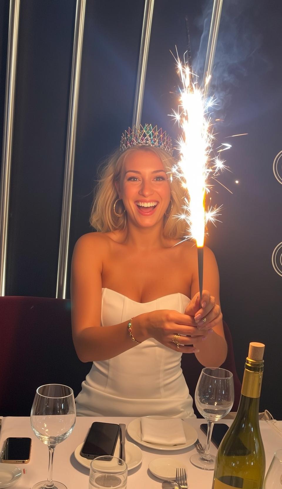 Explore Seated Table Holding Sparkler Her Right