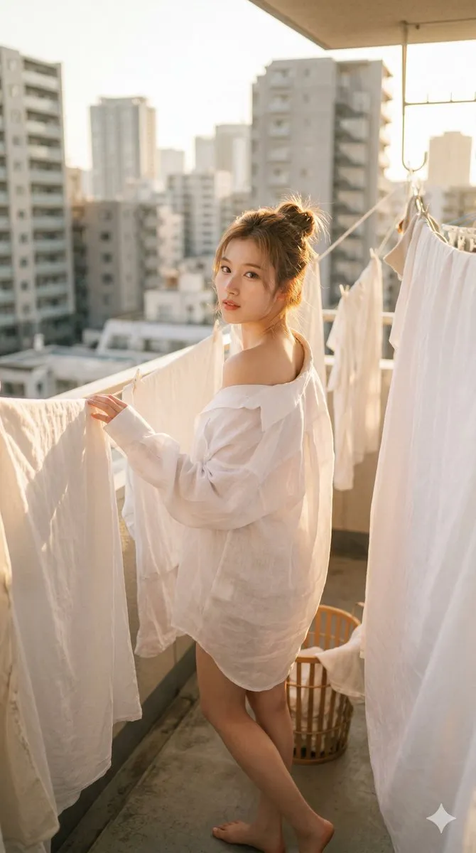 Sunlit Balcony White Laundry Golden Hour Pose