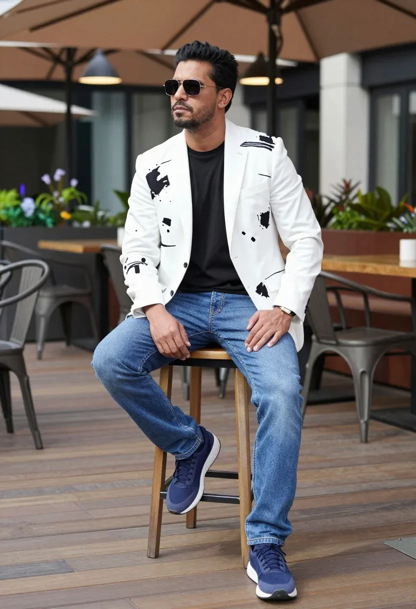 Man Sits Confidently Stool Outdoor Lounge Area Subject Man With