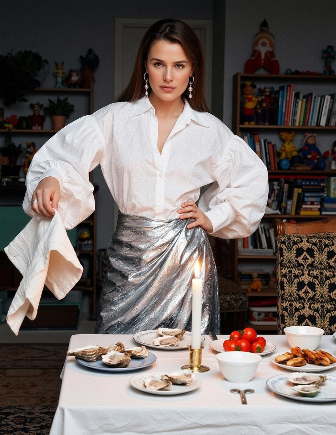 Woman Silver Skirt Dining Oysters