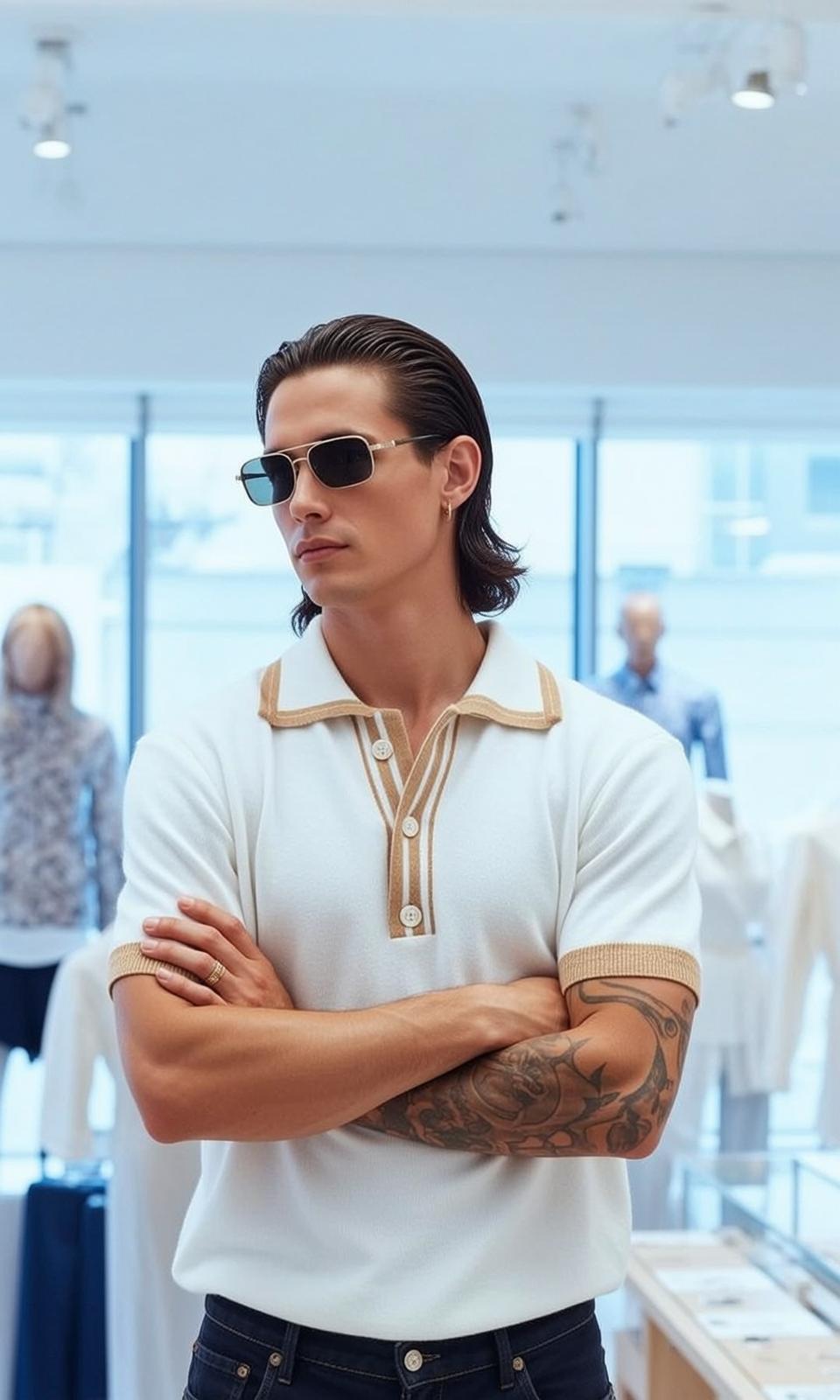 Young Dark Slicked-back Hair Light Tan Shoulder-length