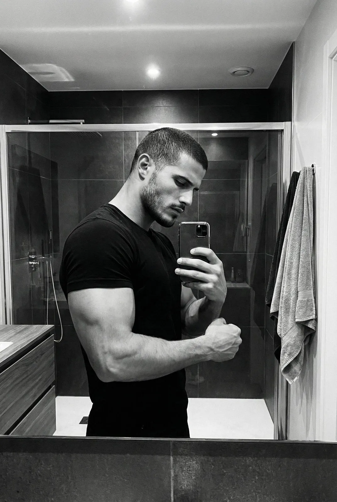 Muscular Man Black And White Bathroom Mirror Selfie