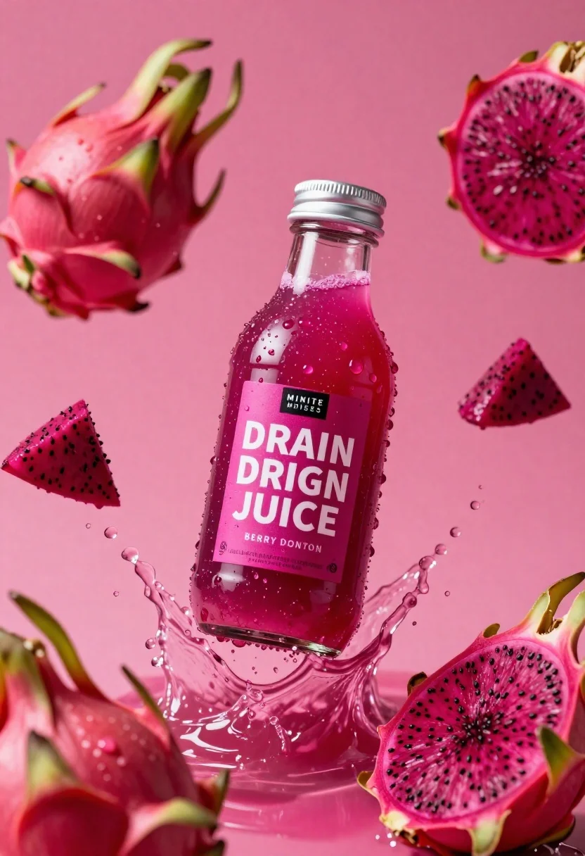 Glass Bottle Vibrant Pink Dragon Fruit Juice Suspended Mid-air Amidst