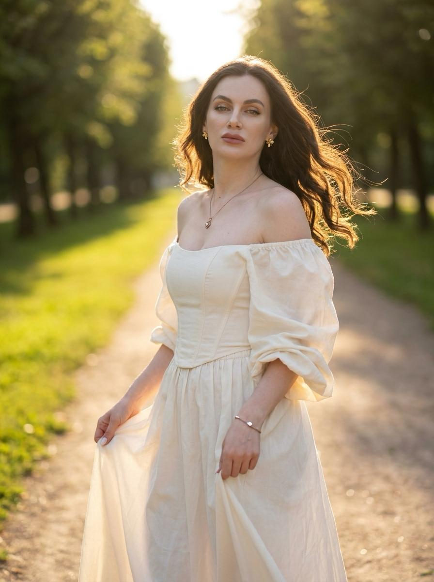 Woman walking in a sunlit park path, holding her long skirt gently while the wind flows through her hair, captured during golden hour.